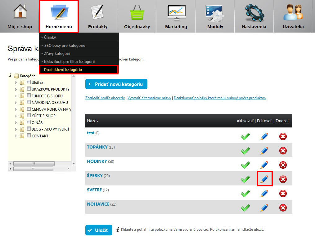 Zoznam a úprava kategórii