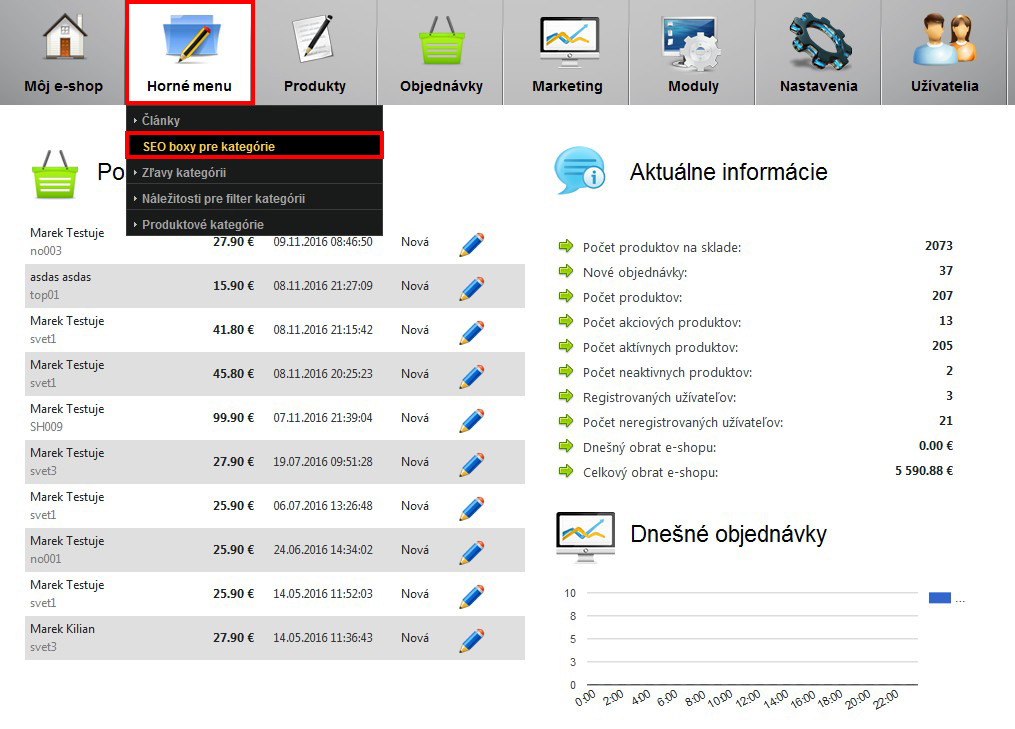 Prechod do sekcie so SEO boxami v administrácii