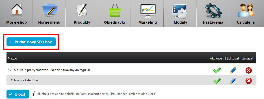 Pridanie nového SEO boxu